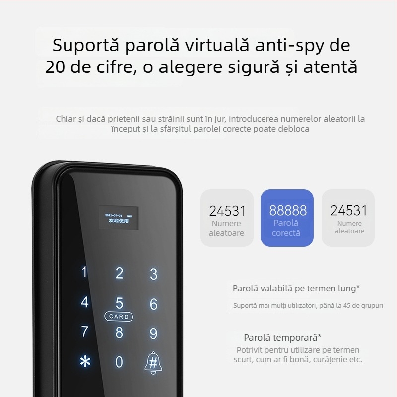 Încuietoare inteligentă pentru uși cu amprentă și parolă – Model JH01, stocare amprente 100, peste 100000 de deblocări, scanare sub 0,01 s, rată de recunoaștere falsă sub 0,01