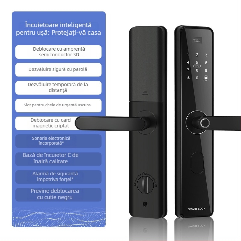 Încuietoare inteligentă pentru uși cu amprentă și parolă – Model JH01, stocare amprente 100, peste 100000 de deblocări, scanare sub 0,01 s, rată de recunoaștere falsă sub 0,01