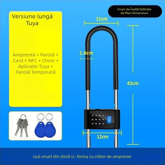 Încuietoare inteligentă în formă de U pentru uși din sticlă, cu parolă și amprentă – încuietoare mortise digitală cu declanșare electronică
