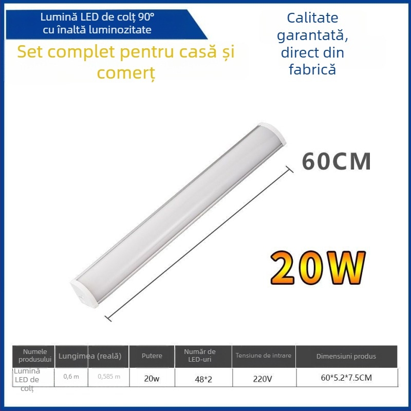 Lumină LED de colț pentru perete la 90°, bandă LED ascunsă, corp lung în formă de tub T8 cu suport, 40–50W, IP55, CRI 90–100, aliaj de aluminiu, FCC