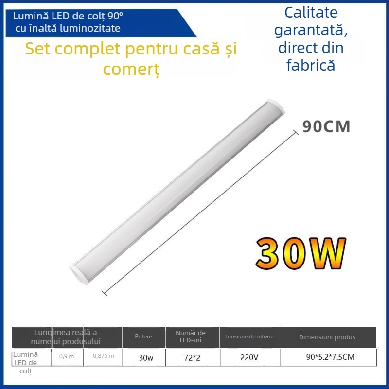 Lumină LED de colț pentru perete la 90°, bandă LED ascunsă, corp lung în formă de tub T8 cu suport, 40–50W, IP55, CRI 90–100, aliaj de aluminiu, FCC