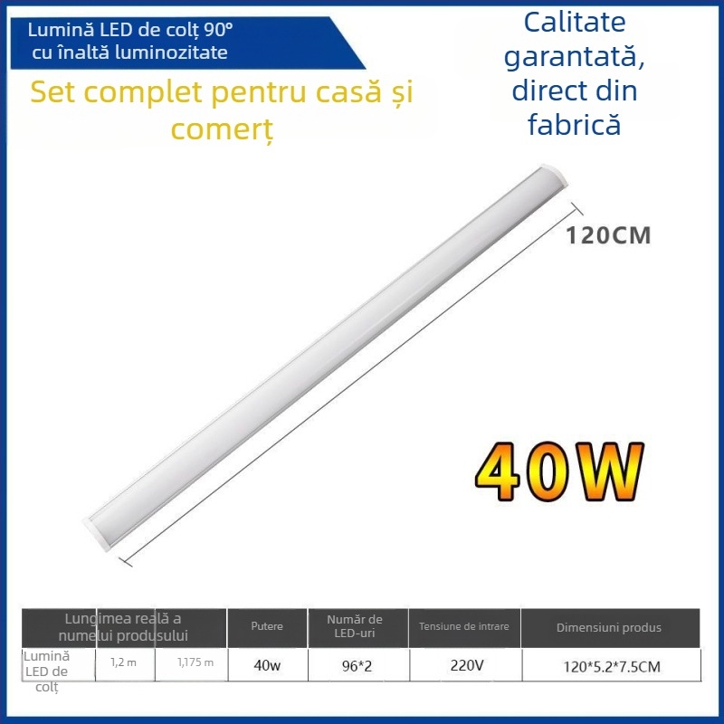 Lumină LED de colț pentru perete la 90°, bandă LED ascunsă, corp lung în formă de tub T8 cu suport, 40–50W, IP55, CRI 90–100, aliaj de aluminiu, FCC