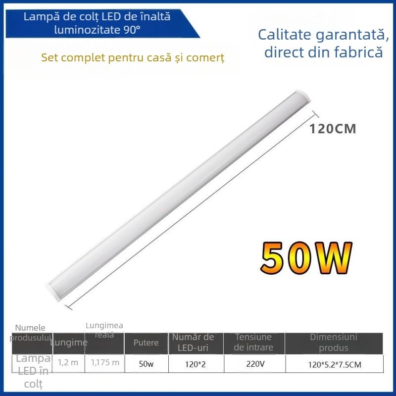 Lumină LED de colț pentru perete la 90°, bandă LED ascunsă, corp lung în formă de tub T8 cu suport, 40–50W, IP55, CRI 90–100, aliaj de aluminiu, FCC