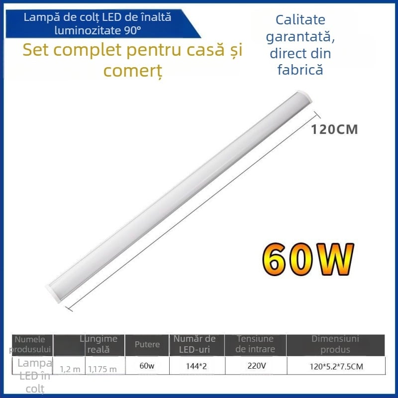 Lumină LED de colț pentru perete la 90°, bandă LED ascunsă, corp lung în formă de tub T8 cu suport, 40–50W, IP55, CRI 90–100, aliaj de aluminiu, FCC