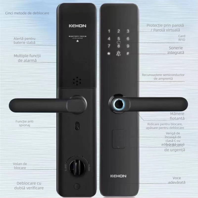 Kexiong K2 Lacăt inteligent cu amprentă One-Touch semi-automat pentru locuințe și pensiuni — 50 amprente stocate, timp de scanare 0.01s, >100000 de deblocări, Alimentare DC