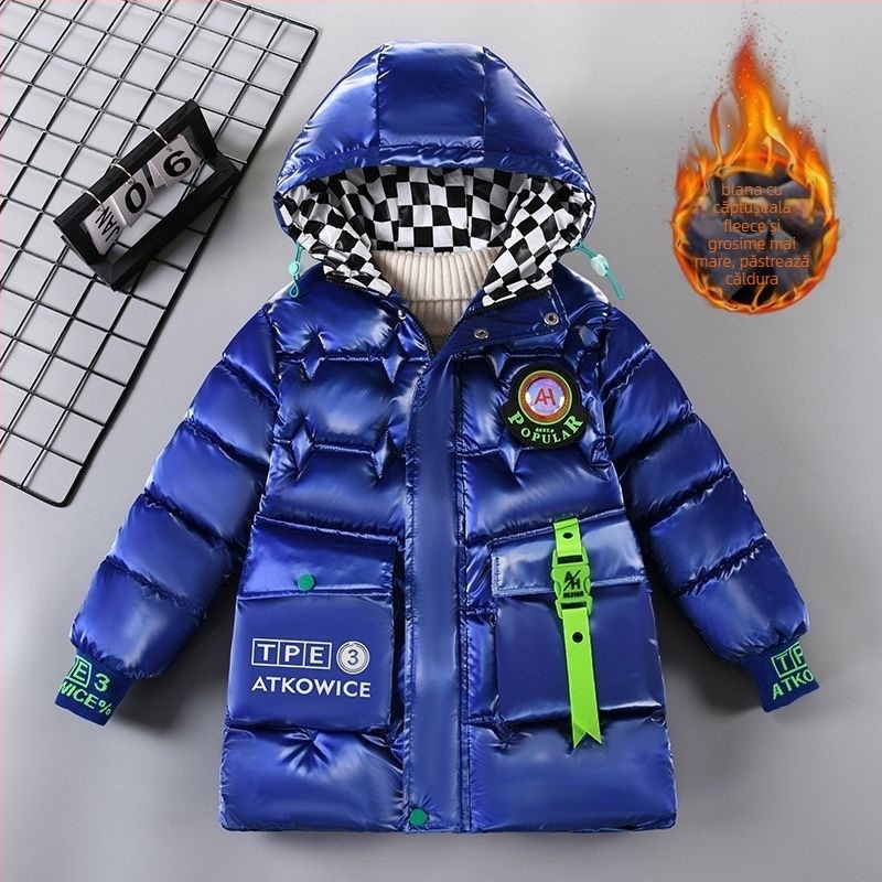 Jachetă pentru copii cu glugă, căptușită gros cu puf-pamă, pentru iarnă, stil casual, material principal: poliester