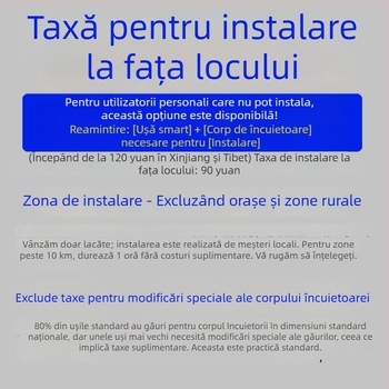 Lacăt inteligent cu serviciu de instalare — recunoaștere prin amprentă, parolă, card, palmă și recunoaștere facială; 100 de amprente stocate; până la 100.000 de deblocări; scanare în 0,5 s; rezistent la apă; alimentare DC; pentru ușa de intrare.