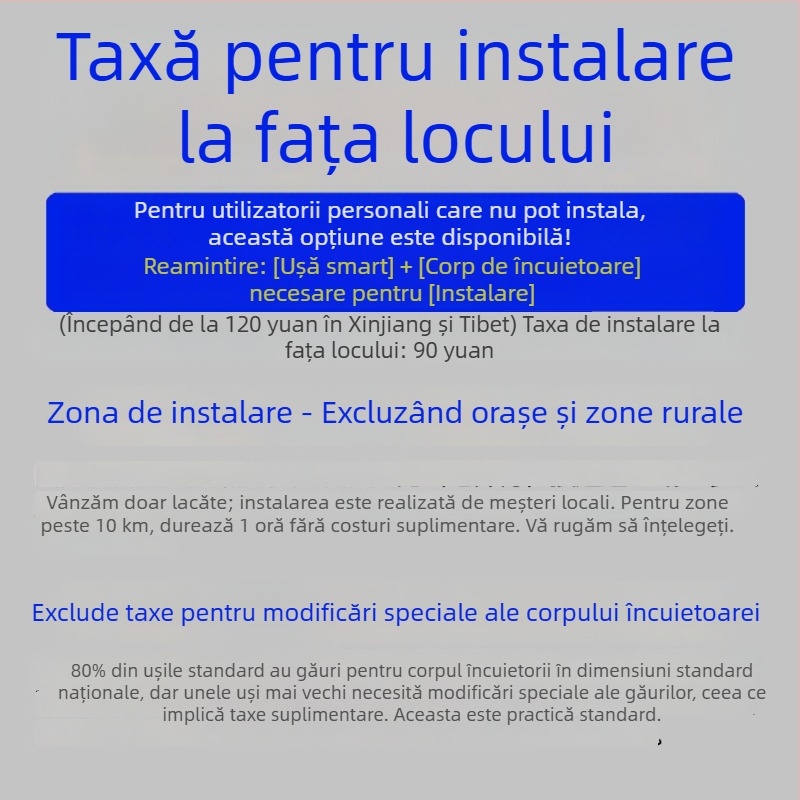 Lacăt inteligent cu serviciu de instalare — recunoaștere prin amprentă, parolă, card, palmă și recunoaștere facială; 100 de amprente stocate; până la 100.000 de deblocări; scanare în 0,5 s; rezistent la apă; alimentare DC; pentru ușa de intrare.