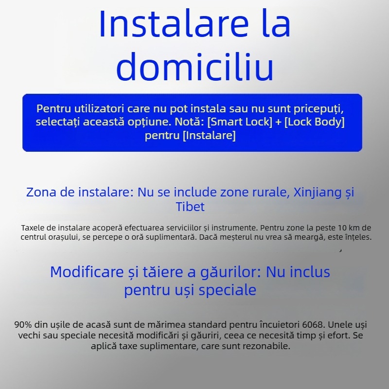 Lacăt inteligent cu serviciu de instalare — recunoaștere prin amprentă, parolă, card, palmă și recunoaștere facială; 100 de amprente stocate; până la 100.000 de deblocări; scanare în 0,5 s; rezistent la apă; alimentare DC; pentru ușa de intrare.