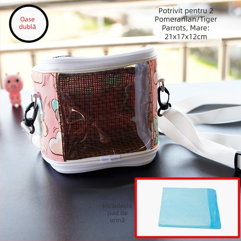 Cușcă portabilă pentru papagal cu curea – respirabilă, transparentă, tavă vizibilă și detașabilă; Material: plastic, poliester; Brand: Dong wow; Potrivit pentru păsări de companie