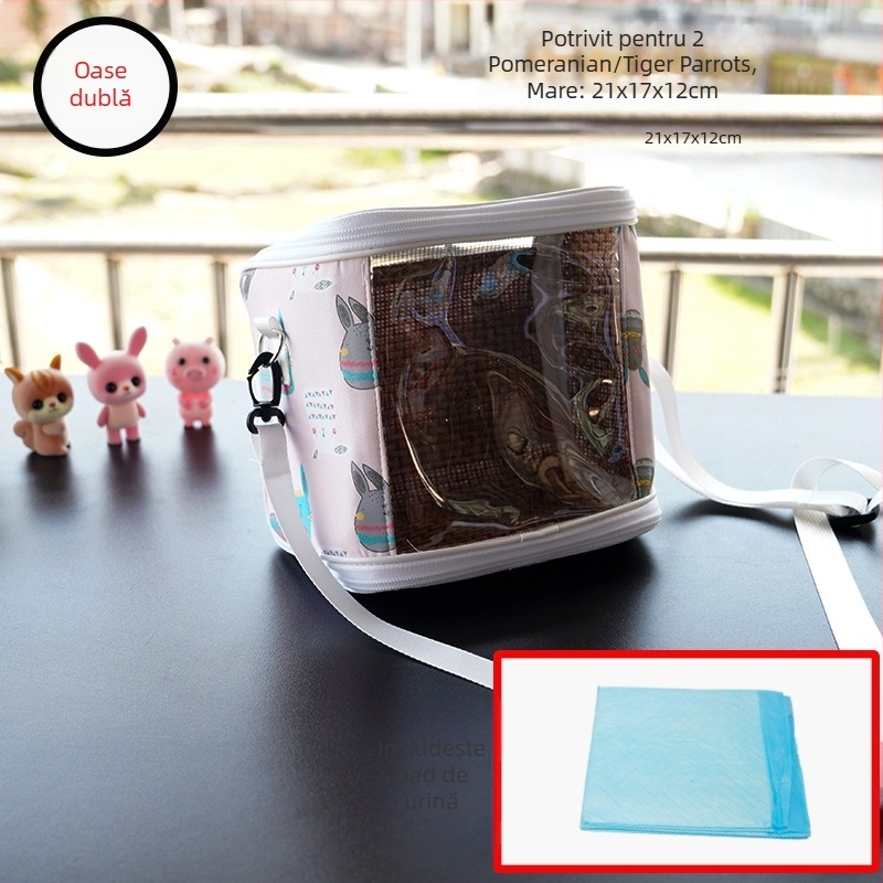 Cușcă portabilă pentru papagal cu curea – respirabilă, transparentă, tavă vizibilă și detașabilă; Material: plastic, poliester; Brand: Dong wow; Potrivit pentru păsări de companie