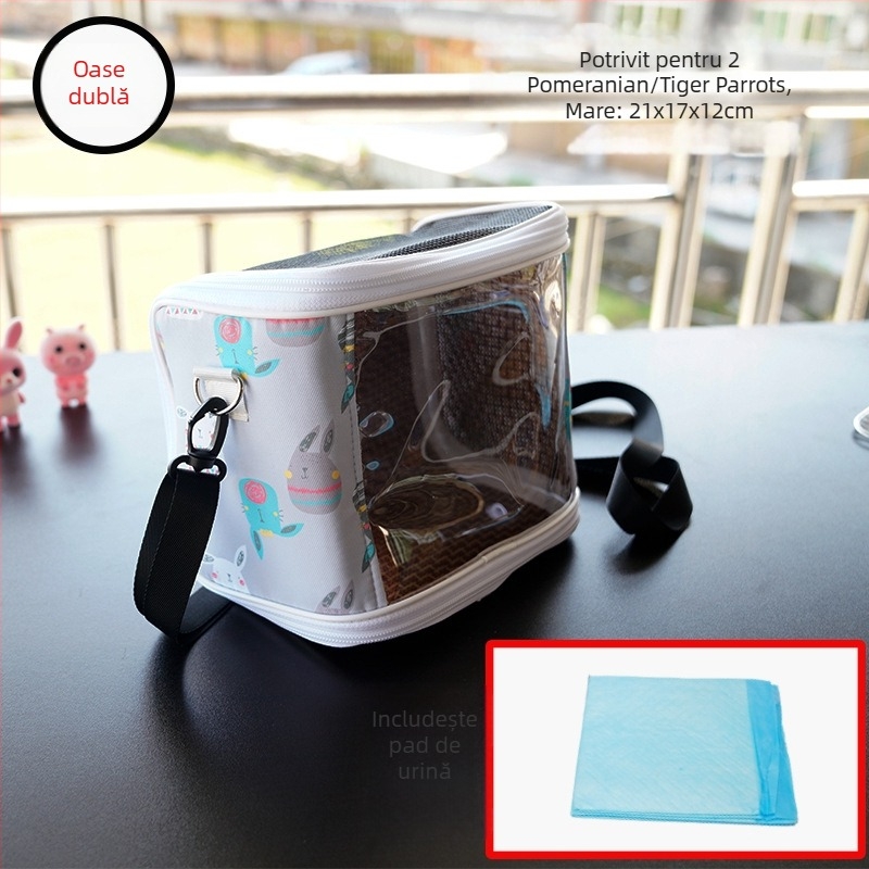 Cușcă portabilă pentru papagal cu curea – respirabilă, transparentă, tavă vizibilă și detașabilă; Material: plastic, poliester; Brand: Dong wow; Potrivit pentru păsări de companie