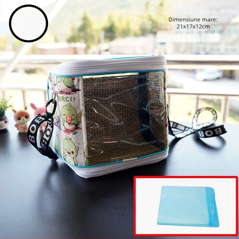 Cușcă portabilă pentru papagal cu curea – respirabilă, transparentă, tavă vizibilă și detașabilă; Material: plastic, poliester; Brand: Dong wow; Potrivit pentru păsări de companie