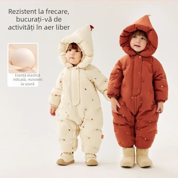 Salopetă pentru copii cu puf, într-o singură piesă; umplutură din puf de gâscă alb 86–90%; material exterior și căptușeală din poliester 100%; potrivit pentru nou-născuți 0–1 ani (până la 80 cm); fără guler