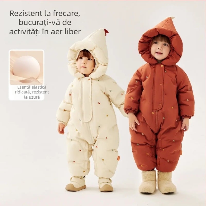 Salopetă pentru copii cu puf, într-o singură piesă; umplutură din puf de gâscă alb 86–90%; material exterior și căptușeală din poliester 100%; potrivit pentru nou-născuți 0–1 ani (până la 80 cm); fără guler