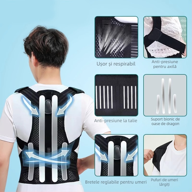 Centură corector postură pentru adulți, unisex, deschidere de umăr invizibilă, susținere a spatelui drept, model schelet gol