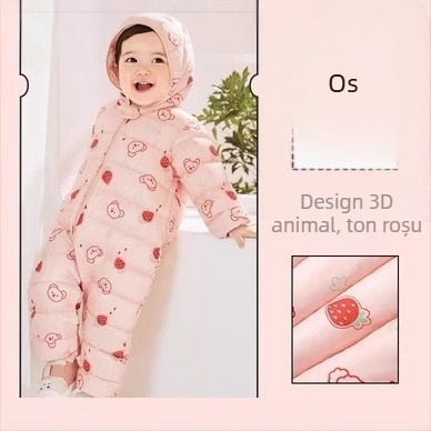 Salopetă unisex pentru bebeluți, iarnă, umplutură: puf alb de gâscă 50–55%, material exterior: poliester, căptușeală: poliester