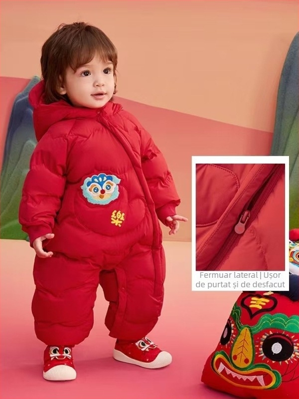 Salopetă bebeluți din puf cu glugă, model Cartoon, umplere din puf de rață alb, fermoar