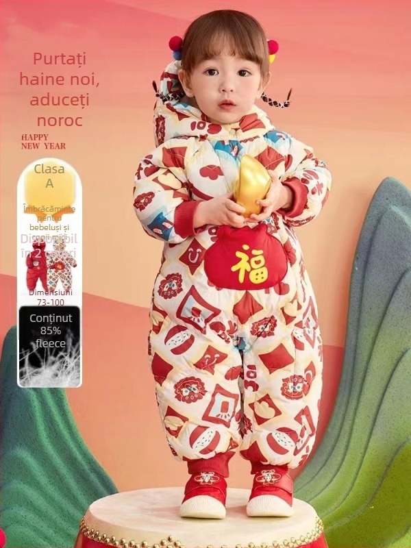 Salopetă bebeluți din puf cu glugă, model Cartoon, umplere din puf de rață alb, fermoar