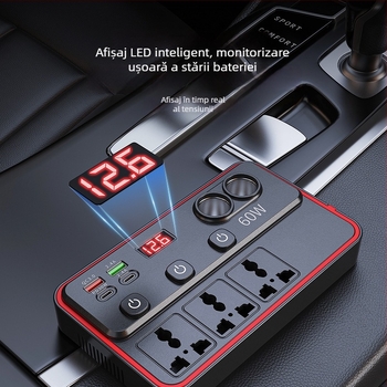 Invertor auto 12V/24V DC în 220V AC, 150W, cu afișaj de tensiune și întrerupător independent