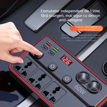 Invertor auto 12V/24V DC în 220V AC, 150W, cu afișaj de tensiune și întrerupător independent