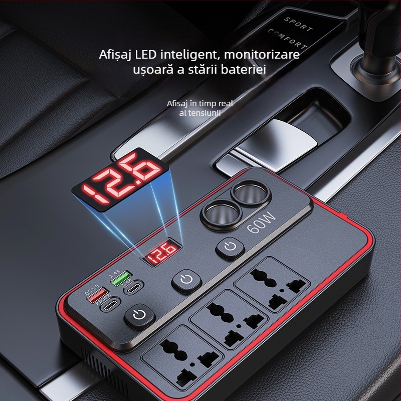 Invertor auto 12V/24V DC în 220V AC, 150W, cu afișaj de tensiune și întrerupător independent