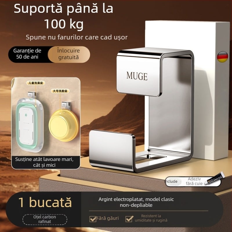 Suport pentru chiuvetă din oțel inoxidabil – montaj fără găuri, prindere pe perete, pentru chiuvete mari și mici, 1 nivel, capacitate 5–10 kg, finisaj electroplacat