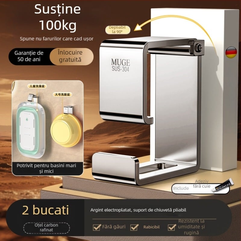 Suport pentru chiuvetă din oțel inoxidabil – montaj fără găuri, prindere pe perete, pentru chiuvete mari și mici, 1 nivel, capacitate 5–10 kg, finisaj electroplacat