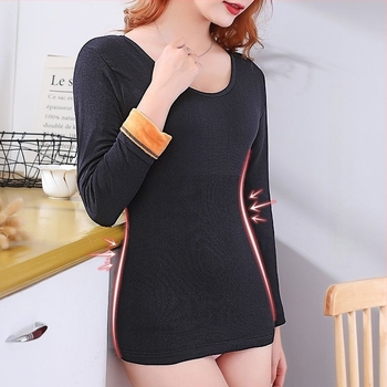 Top de bază călduros cu căptușeală de fleece din fibre de bambus, guler rotund, dublu strat, mâneci 3/4