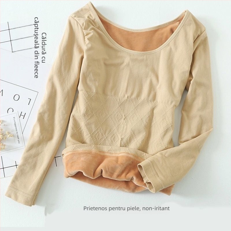 Top de bază călduros cu căptușeală de fleece din fibre de bambus, guler rotund, dublu strat, mâneci 3/4