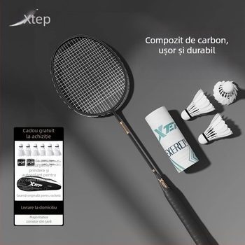 Rachetă de badminton din fibră de carbon, design dintr-o singură bucată, șaft drept, 95–100 g, rigiditate medie, potrivită pentru începători