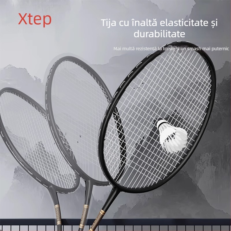 Rachetă de badminton din fibră de carbon, design dintr-o singură bucată, șaft drept, 95–100 g, rigiditate medie, potrivită pentru începători