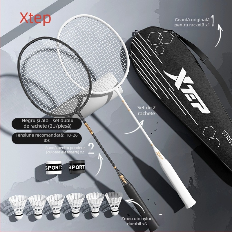 Rachetă de badminton din fibră de carbon, design dintr-o singură bucată, șaft drept, 95–100 g, rigiditate medie, potrivită pentru începători