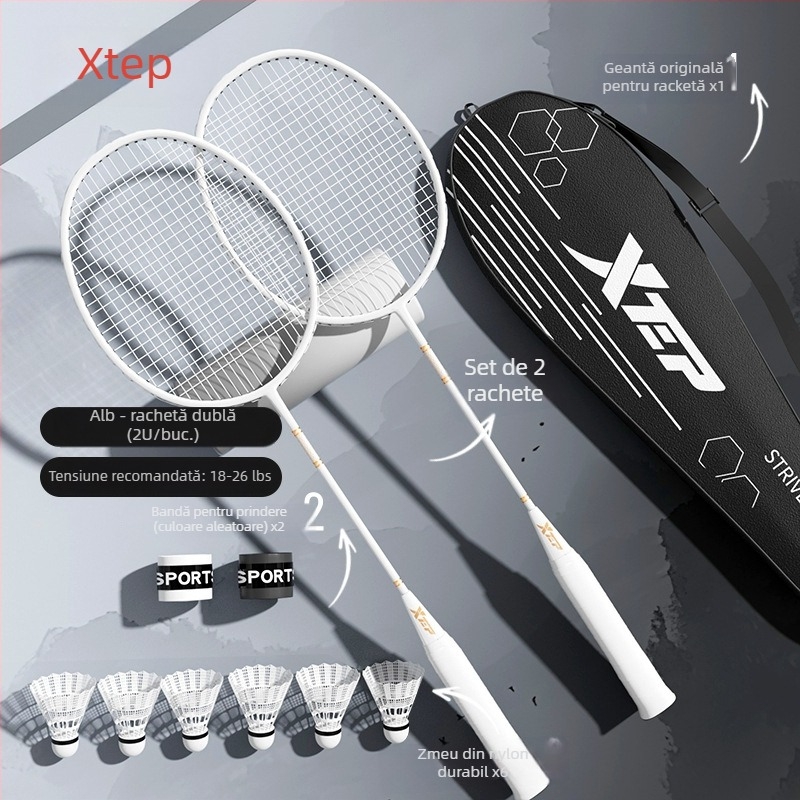 Rachetă de badminton din fibră de carbon, design dintr-o singură bucată, șaft drept, 95–100 g, rigiditate medie, potrivită pentru începători