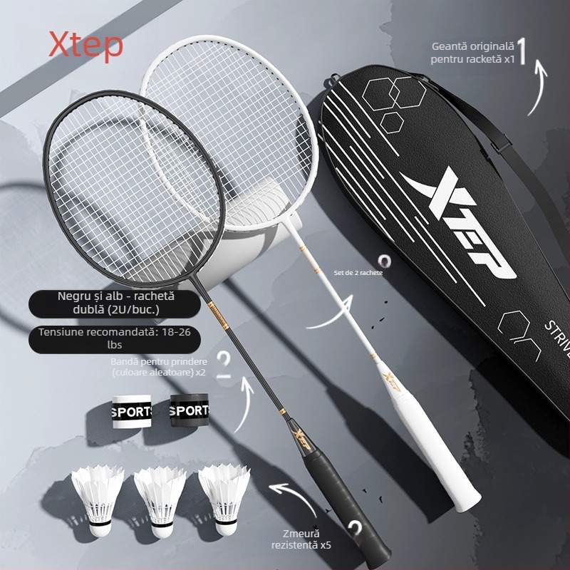 Rachetă de badminton din fibră de carbon, design dintr-o singură bucată, șaft drept, 95–100 g, rigiditate medie, potrivită pentru începători