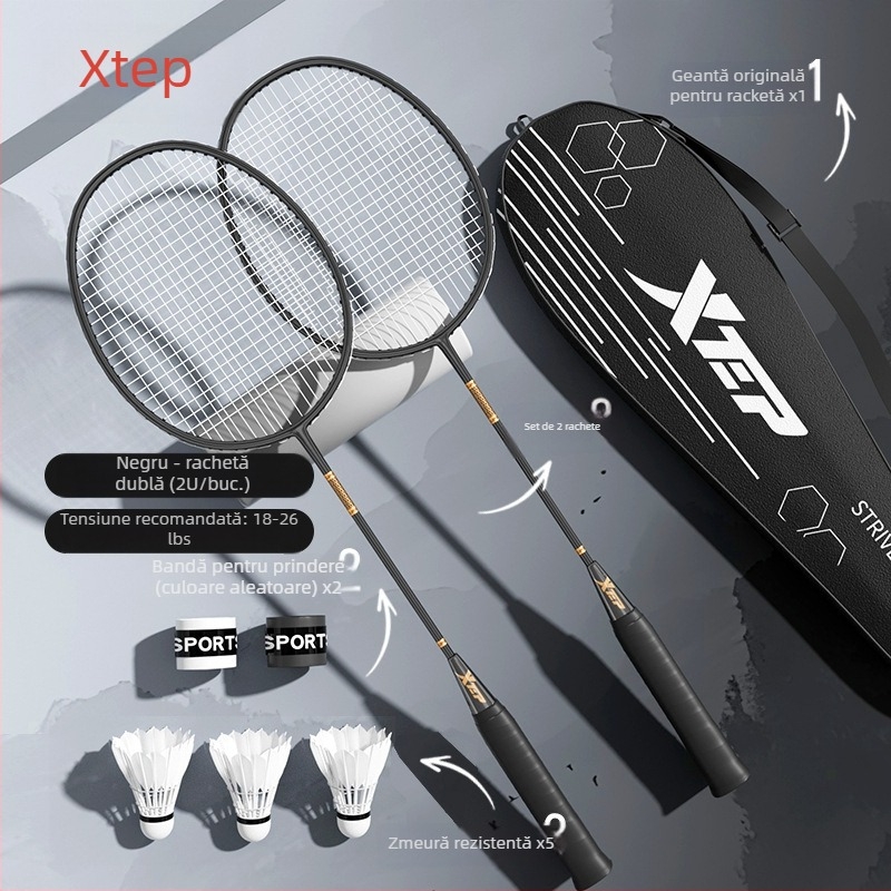 Rachetă de badminton din fibră de carbon, design dintr-o singură bucată, șaft drept, 95–100 g, rigiditate medie, potrivită pentru începători