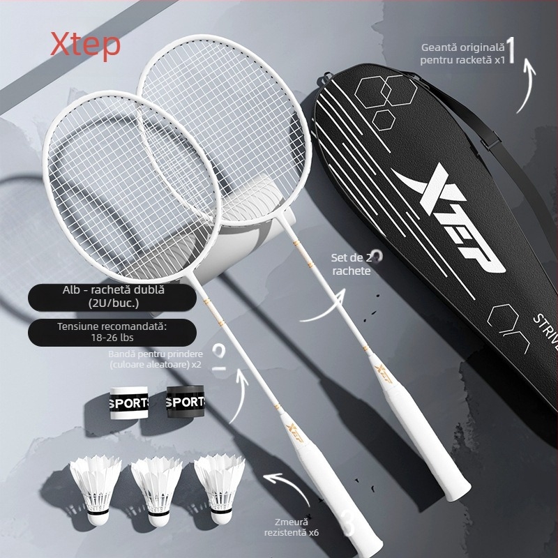 Rachetă de badminton din fibră de carbon, design dintr-o singură bucată, șaft drept, 95–100 g, rigiditate medie, potrivită pentru începători