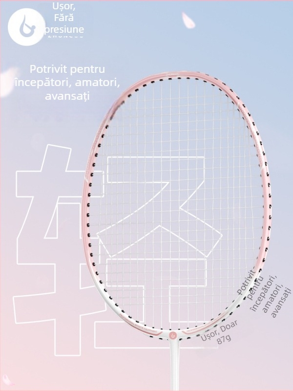 Rachetă de badminton cu cadru din aluminiu-carbon, greutate 85–89 g, mâner G3, tijă dreaptă, fire din fibre de mătase