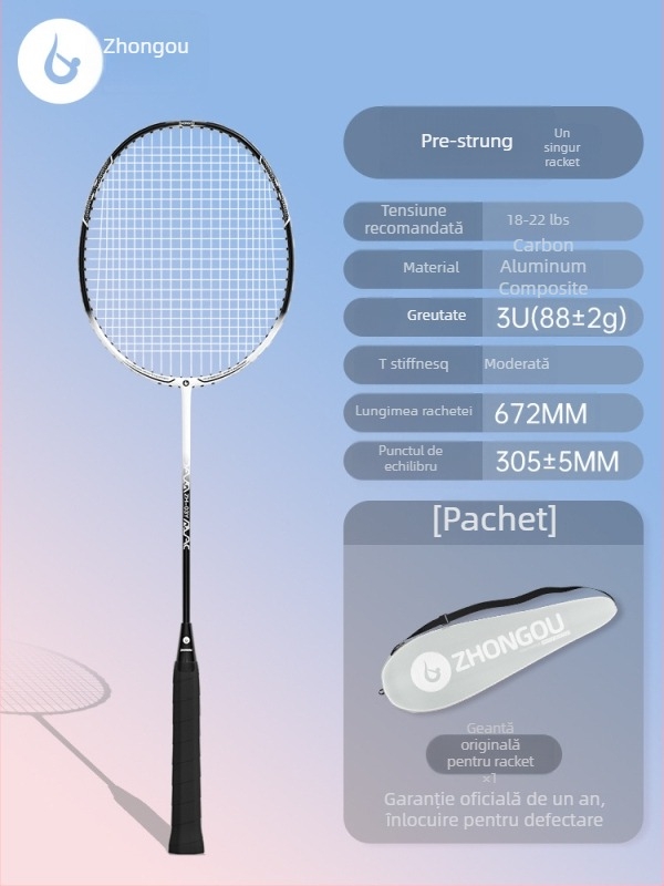 Rachetă de badminton cu cadru din aluminiu-carbon, greutate 85–89 g, mâner G3, tijă dreaptă, fire din fibre de mătase