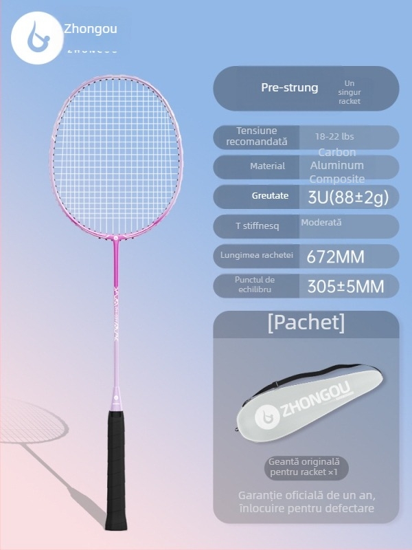 Rachetă de badminton cu cadru din aluminiu-carbon, greutate 85–89 g, mâner G3, tijă dreaptă, fire din fibre de mătase