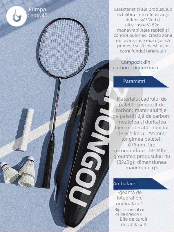 Rachetă de badminton cu cadru din aluminiu-carbon, greutate 85–89 g, mâner G3, tijă dreaptă, fire din fibre de mătase