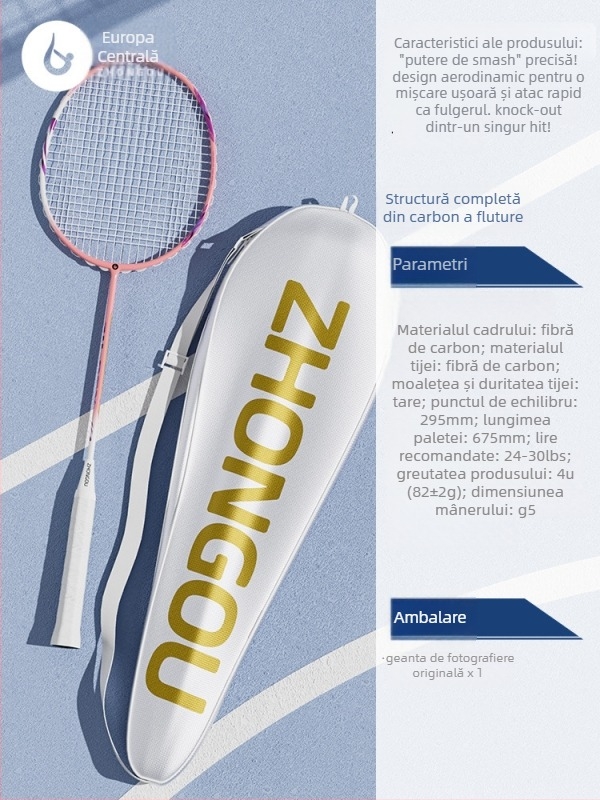 Rachetă de badminton cu cadru din aluminiu-carbon, greutate 85–89 g, mâner G3, tijă dreaptă, fire din fibre de mătase