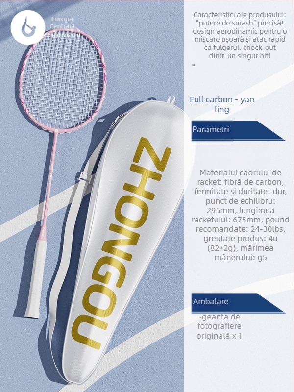 Rachetă de badminton cu cadru din aluminiu-carbon, greutate 85–89 g, mâner G3, tijă dreaptă, fire din fibre de mătase