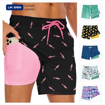 Șorturi de plajă pentru bărbați cu dublu strat, uscare rapidă — 95% poliester, 5% spandex; țesătură țesută, micro-elastic