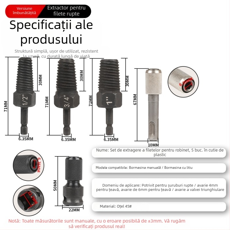 FURONGHUA Thread Breaker Extractor Set pentru burghiu manual și supapă triunghiulară pentru conducte, 4/6 filet, 5 buc., 71 mm lungime, oțel 45#