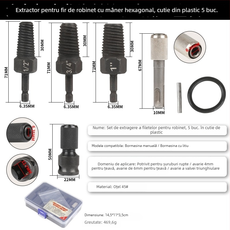 FURONGHUA Thread Breaker Extractor Set pentru burghiu manual și supapă triunghiulară pentru conducte, 4/6 filet, 5 buc., 71 mm lungime, oțel 45#