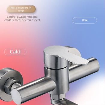 Robinet de bucătărie din oțel inoxidabil 304, montaj pe perete, braț rotativ, mâner unic cu control dublu, apă caldă și rece