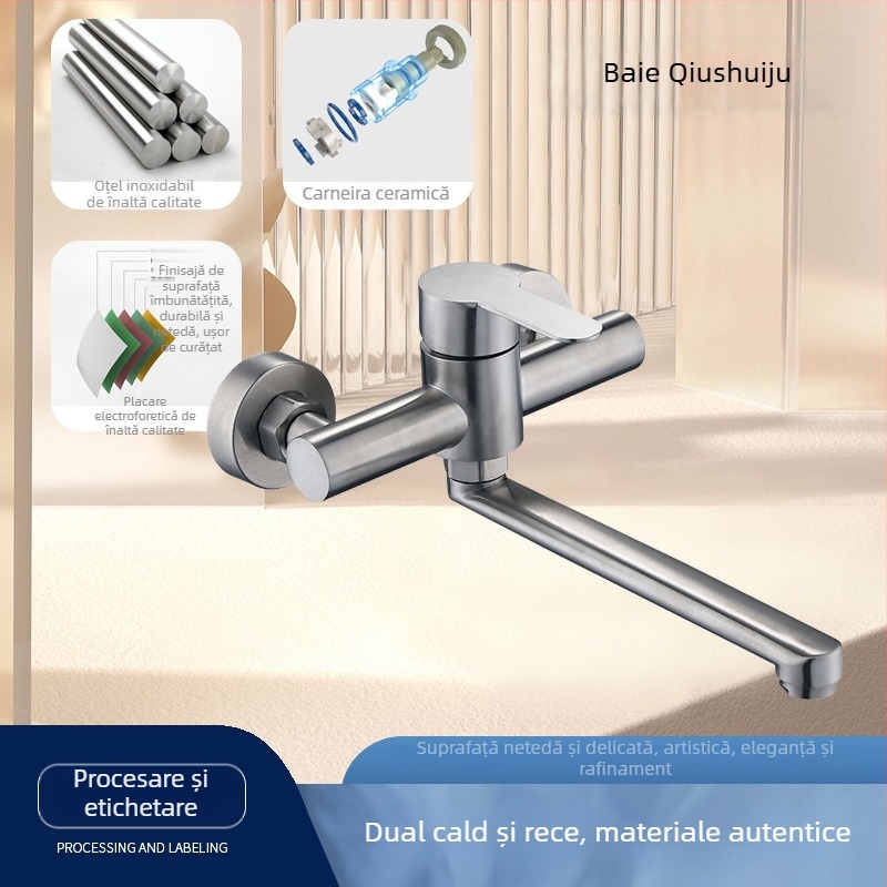 Robinet de bucătărie din oțel inoxidabil 304, montaj pe perete, braț rotativ, mâner unic cu control dublu, apă caldă și rece