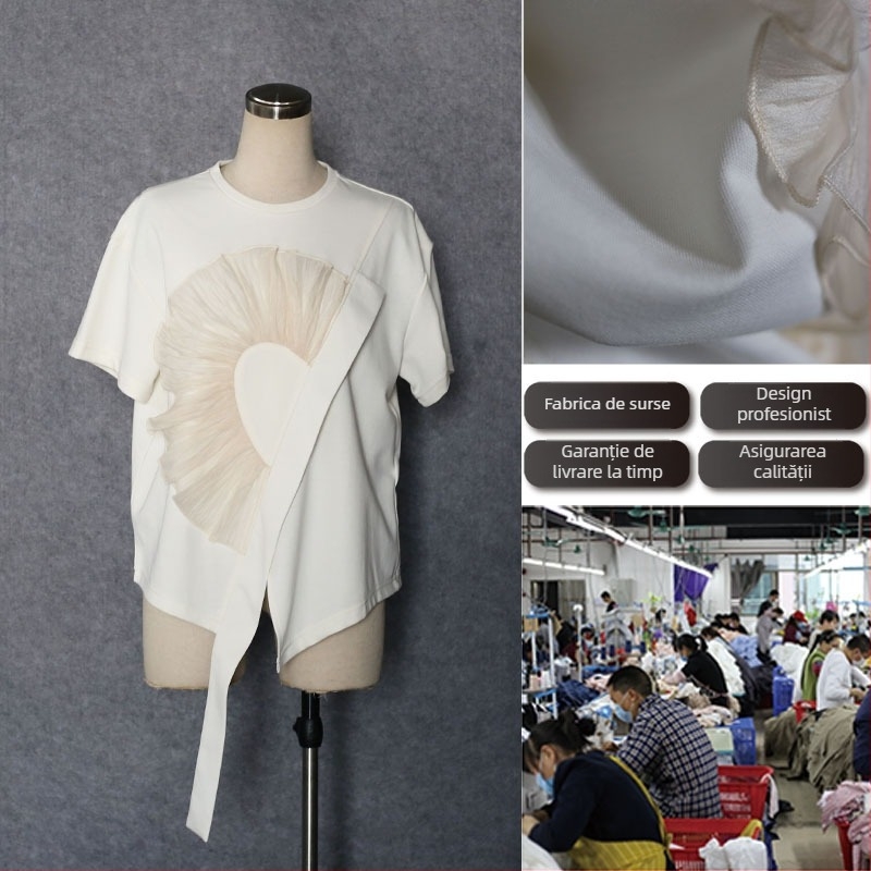 Tricou personalizat cu mânecă scurtă, croială neregulată — mostre personalizate; țesătură: fibre chimice și bumbac tricotat; proces: OEM, probă și desen; ciclu de probă 3–5 zile; capacitate 50 buc./zi