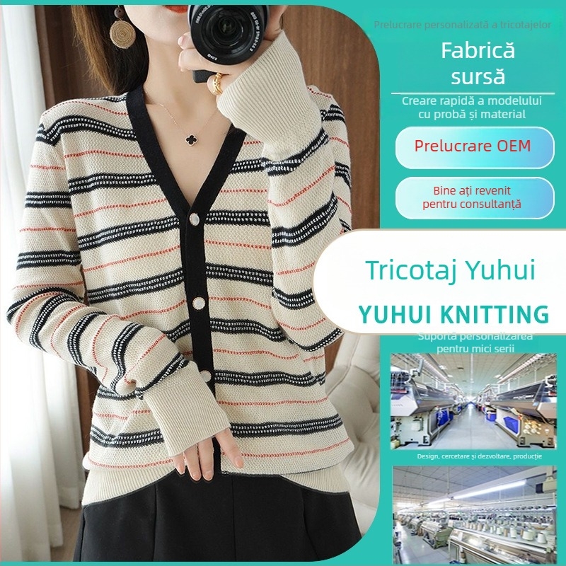 Cardigan tricotat pentru femei, cu dungi și blocare de culoare — producție OEM/după desene, ciclu de probă de 7 zile, capacitate 1000 buc/zi, producție de nivel mediu, stil Japonia și Coreea de Sud